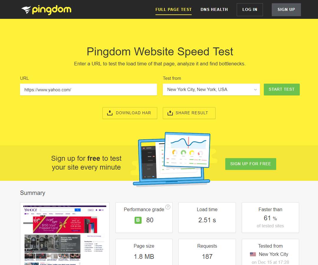 Yahoo Pingdom Website Speed Test