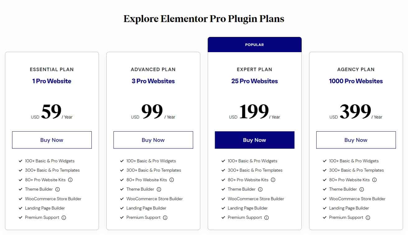 Elementor Page Builder Pricing Plans