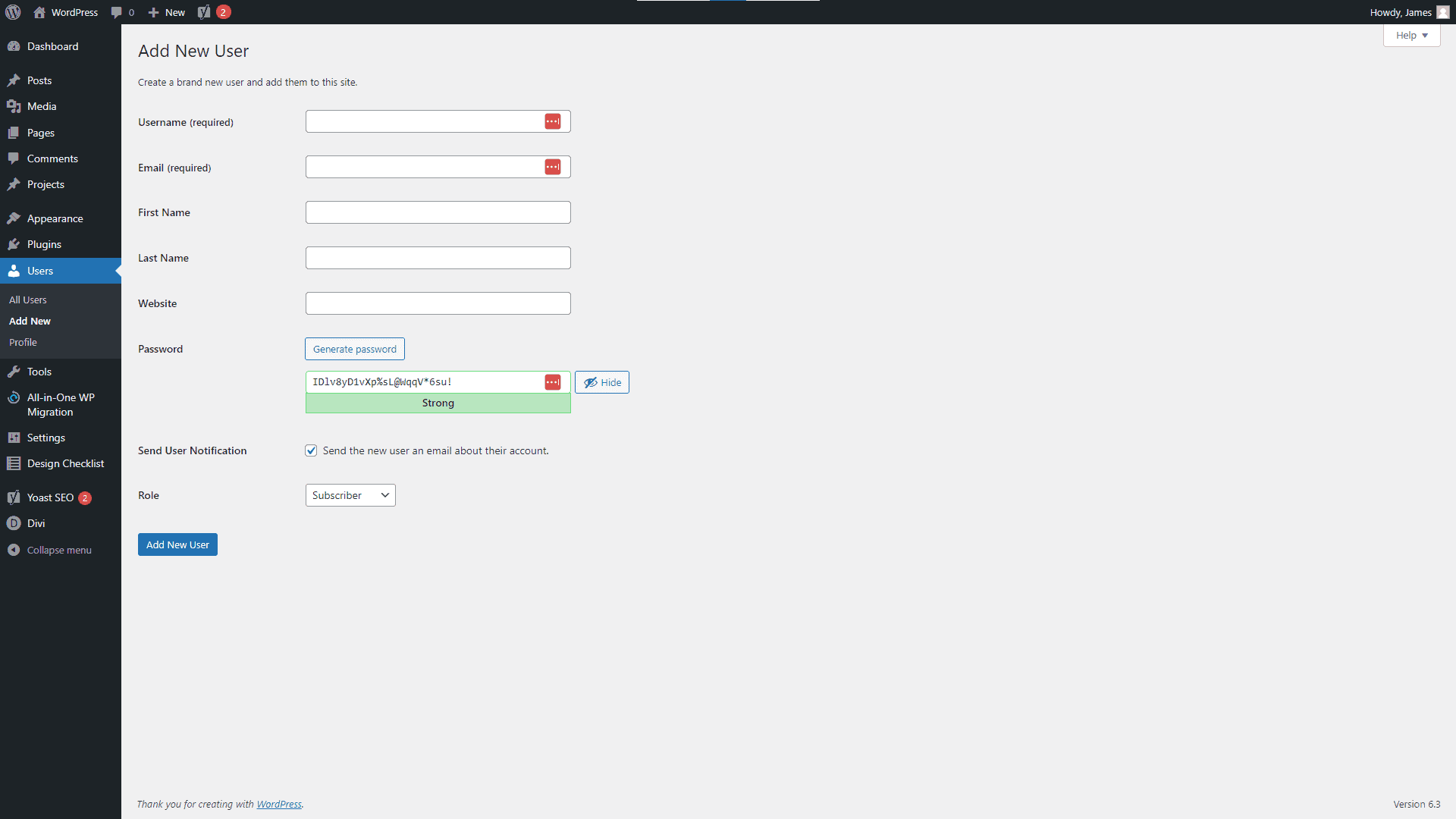 WordPress Dashboard Add New User Screenshot WordPress Dashboard Add New User Screenshot